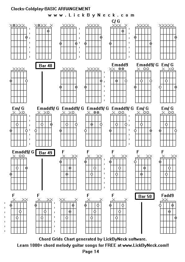 Chord Grids Chart of chord melody fingerstyle guitar song-Clocks-Coldplay-BASIC ARRANGEMENT,generated by LickByNeck software.